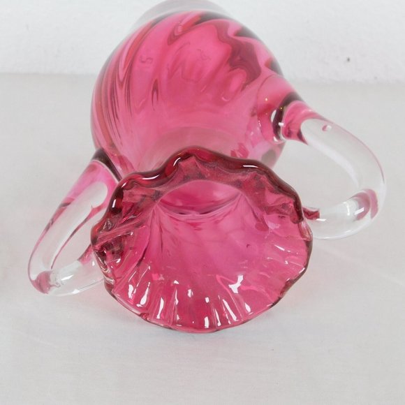 Handblown Clear Cranberry Swirled Glass Vase Ruffled Rim Double Handled 8.25" - Picture 5 of 8